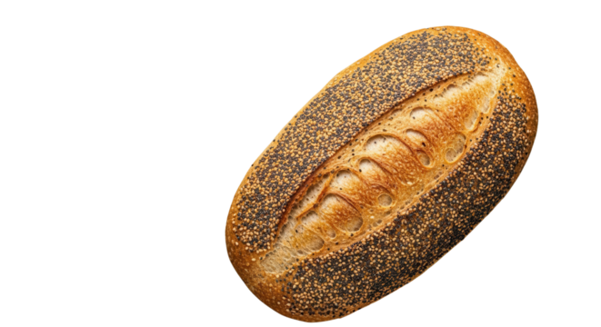 Single freshly baked dark poppy seed artisan bread loaf for bakery marketing and food concepts isolated PNG with Transparent Background