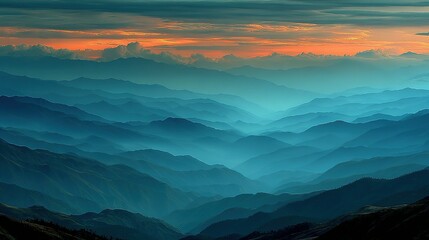 Obraz premium Mountain range landscape with blue hues and an orange sky at the horizon.