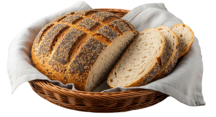 Sliced crusty sourdough bread loaf in a rustic wicker basket for bakery concepts isolated PNG with Transparent Background