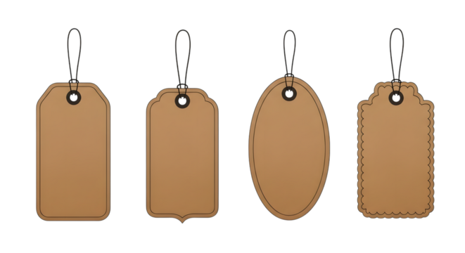 Four different shapes of blank brown paper hang tags with stitched edges and metal eyelets, isolated on transparent background