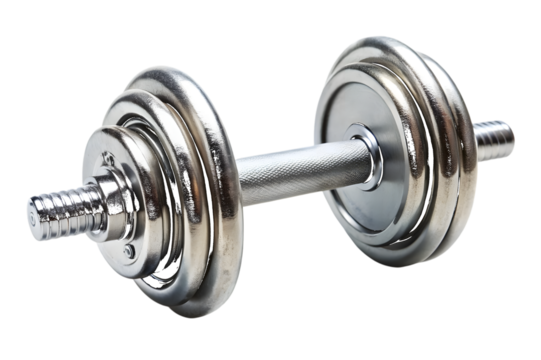 Chrome Dumbbell with Multiple Weight Plates fitness exercise isolated on a transparent background