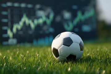 Soccer ball resting on grass with a background of fluctuating financial data and graphs highlighting economic trends and performance indicators