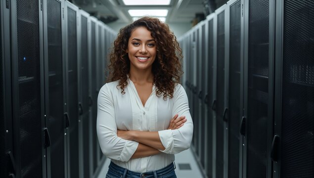 A professional woman standing confidently in a server room, smiling with crossed arms