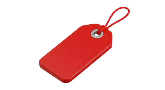 A bright red blank price tag with a string attached, isolated on a transparent background, perfect for retail, sales, or promotional use