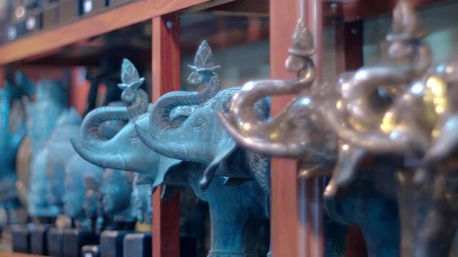 On the shelf, bronze elephant statues glitter in the light and sold on the flea market for memory of a trip to Siem Reap, Cambodia. Closeup. Shot in motion