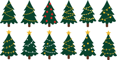 Christmas tree vector set, holiday decoration elements, festive pine illustrations, stylized seasonal icons, winter celebration graphics, isolated on white background