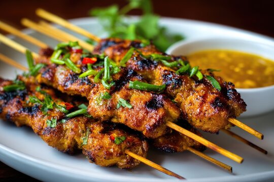 Delicious grilled meat skewers with savory dipping sauce - Powered by Adobe