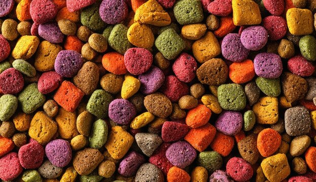 Colorful, varied shapes of small, dry pieces arranged closely