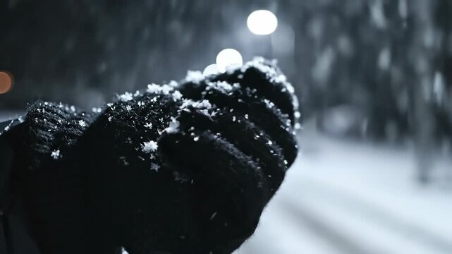 Magical Close-Up of Delicate Snowflakes Landing on a Gloved Hand During a Winter Snowfall at Night