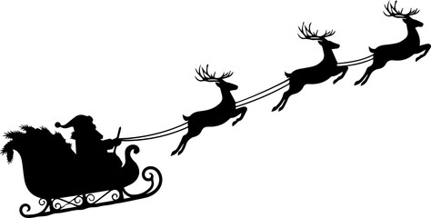 Silhouette of Santa Flying with Reindeers PNG – Christmas Claus and Sleigh Outline Illustration © Farman