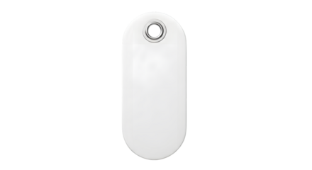 A single white ovalshaped tag with a hole at the top, isolated on a transparent background