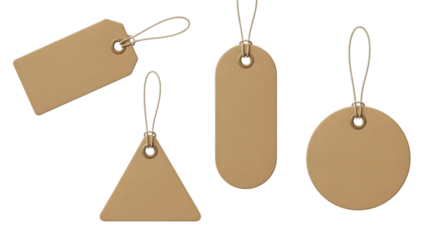 Collection of five blank kraft paper tags in various shapes including rectangular, triangular, oval, and circular, isolated on transparent background