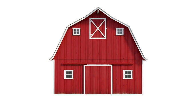 Front View of a Classic Red Wooden Barn with White Trim graphic design isolated on a transparent background