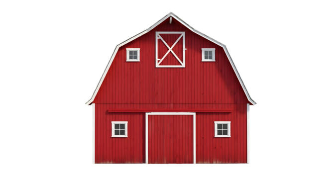Front View of a Classic Red Wooden Barn with White Trim graphic design isolated on a transparent background