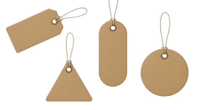 Collection of five blank kraft paper tags in various shapes including rectangular, triangular, oval, and circular, isolated on transparent background