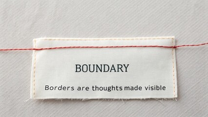 Artistic representation of boundaries with fabric tag and red thread illustrating visible thoughts and perceptions about limits