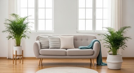 Bright, Modern Living Room Interior Design with Sofa, Houseplants, and Wood Floor