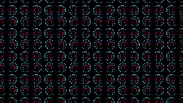 Hypnotic spinning neon circles on black background create a retro futuristic vibe perfect for motion graphics or abstract backgrounds