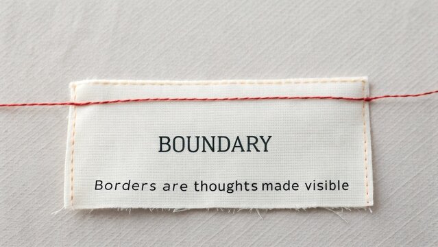 Artistic representation of boundaries with fabric tag and red thread illustrating visible thoughts and perceptions about limits