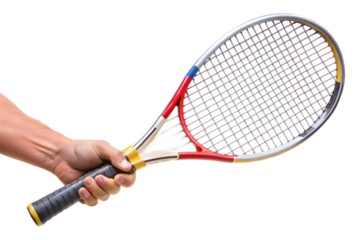 Hand Holding a Colorful Tennis Racquet with White Strings sport isolated on a transparent background