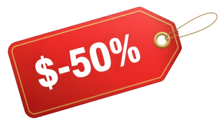 Red sale tag with a fifty percent discount, isolated on transparent background
