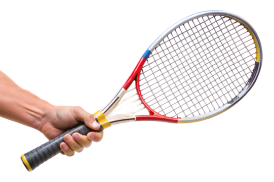 Hand Holding a Colorful Tennis Racquet with White Strings sport isolated on a transparent background