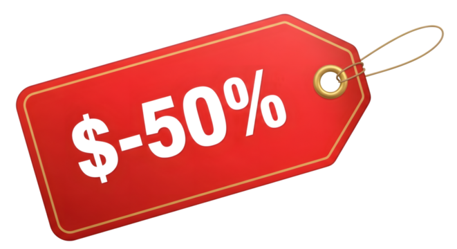 Red sale tag with a fifty percent discount, isolated on transparent background