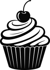 Cupcake icon, dessert silhouette, cherry topping, sweet treat vector, bakery symbol, black and white illustration, pastry graphic, editable food design