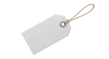 A white gift tag with a decorative pattern and a string loop, isolated on a transparent background