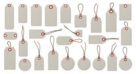 Collection of various blank paper tags and labels with string, isolated on transparent background