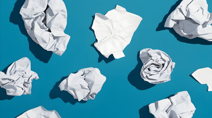 On a white background, crumpled paper balls stand for waste and annoyance.