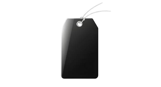 A blank black gift tag with a string, isolated on a transparent background, perfect for branding or price labeling