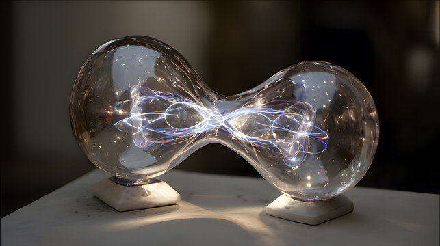 Klein bottle battery emitting self-recharging light beams, showcasing paradoxical energy loops.