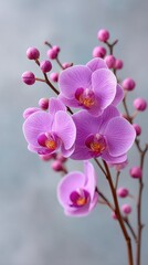 Naklejka premium Close Up Macro Botanical Photo of Delicate Pink Tropical Orchid Blossoms with Tiny Buds and a Soft Blue Textured Background with Natural Lighting