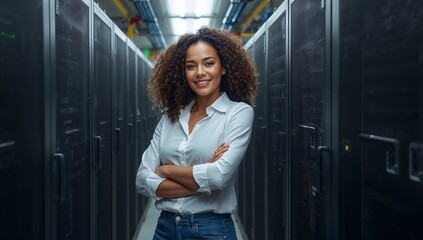 Confident IT engineer woman standing in a data center, showcasing the intersection of technology and expertise. The engineer stands amidst server racks, symbolizing technological prowess.