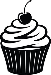 Cupcake vector illustration, black and white dessert icon, cherry topping, stylized bakery graphic, minimal sweet treat design for menu, logo, decoration