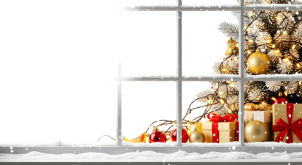 Christmas window view with gifts and tree, isolated on transparent background