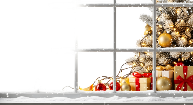 Christmas window view with gifts and tree, isolated on transparent background