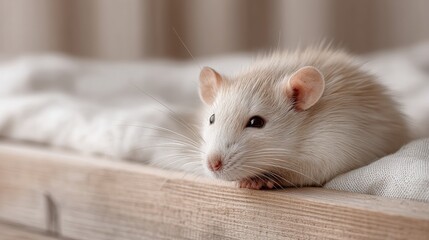 Obraz premium Close up macro wildlife photo of a small tan rodent resting on a light brown wooden surface with soft diffused lighting and a blurred neutral background