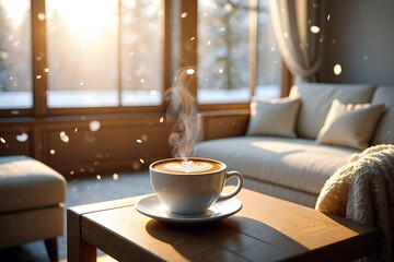 Cozy winter morning coffee by the window with snowfall