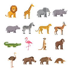 Obraz premium A collection of various wild African animals in a flat design style, including lions, giraffes, elephants, zebras, and more.