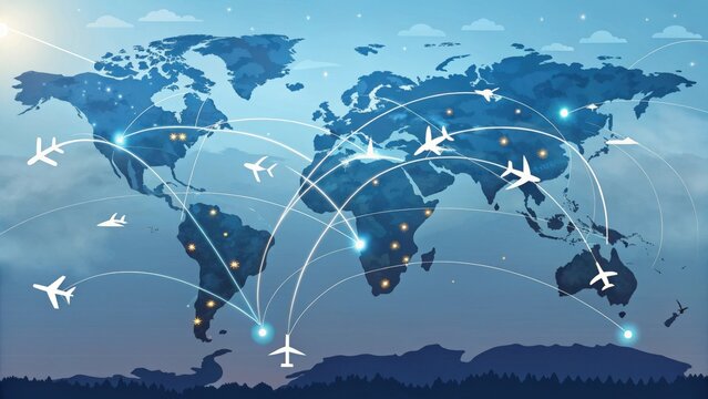 Airplanes flying around the world with jet streams