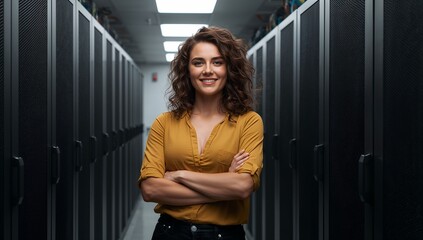 A confident woman stands arms crossed in a modern data center, showcasing technological prowess. The rows of servers symbolize innovation and connectivity.