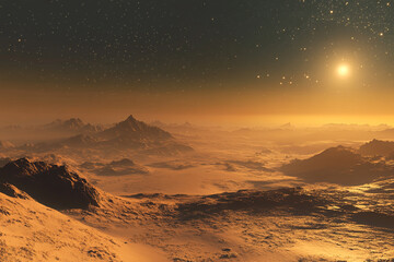 An otherworldly desert landscape, where the dunes meet an endless sea of stars