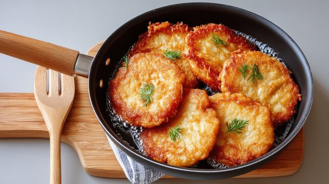 Golden Fried Potato Pancakes Topped with Sesame Seeds and Parsley Served in a Black Frying Pan on a Wooden Cutting Board with a Bamboo Spatula