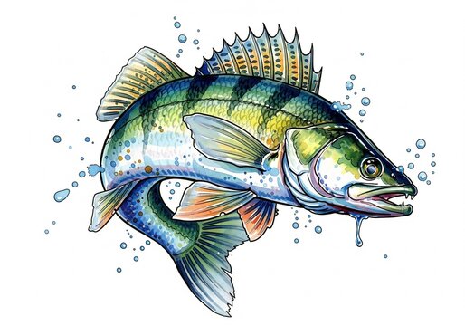 Zander fish, watercolorWatercolor style digital painting for graphic design decoration, gifts or print design, animals, fish in water, river, sea, lake life