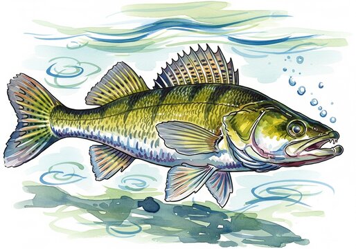 Zander fish, watercolorWatercolor style digital painting for graphic design decoration, gifts or print design, animals, fish in water, river, sea, lake life