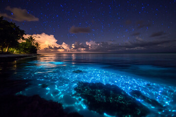 An untouched atoll where coral reefs glow beneath the bioluminescent tide  