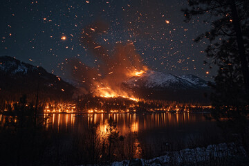 Ash and embers falling like fiery snowflakes against the night sky