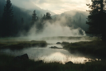 A misty morning at a mountain spring, with steam rising from the surface